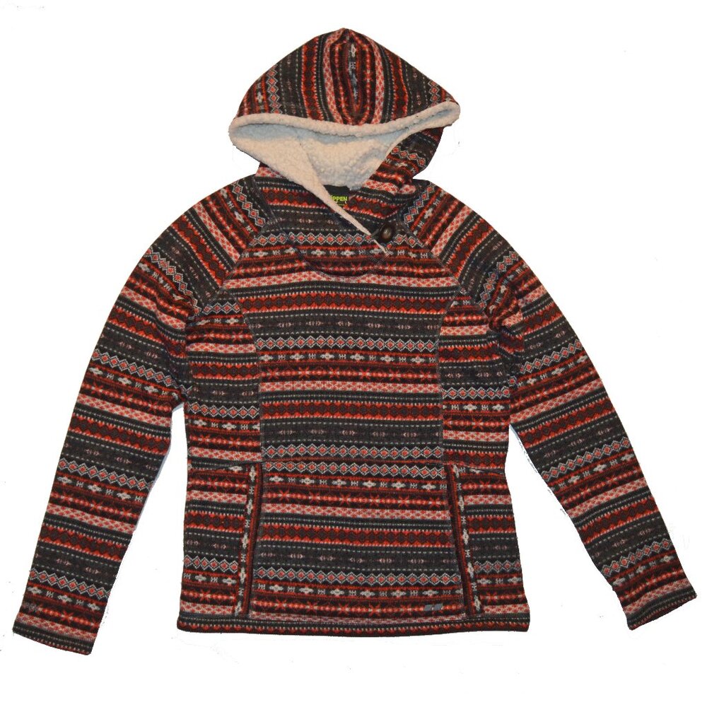 Koppen Womens Red Black Fair Isle Hoody Ski Sweater Large